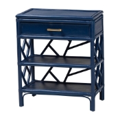 bali & pari Daina Natural Rattan Nightstand with Drawer and Open Shelves - Coastal Bedside Table with Geometric Design, Blue Baxton Studio restaurant furniture, hotel furniture, commercial furniture, wholesale bedroom furniture, wholesale night stand, classic night stand